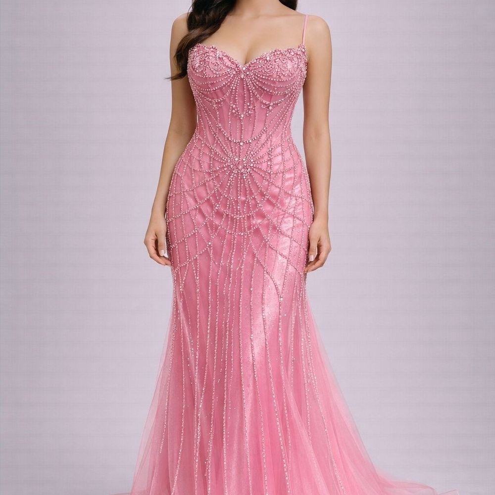 Prom dress Strapless Pink Beaded Mermaid Evening Dress